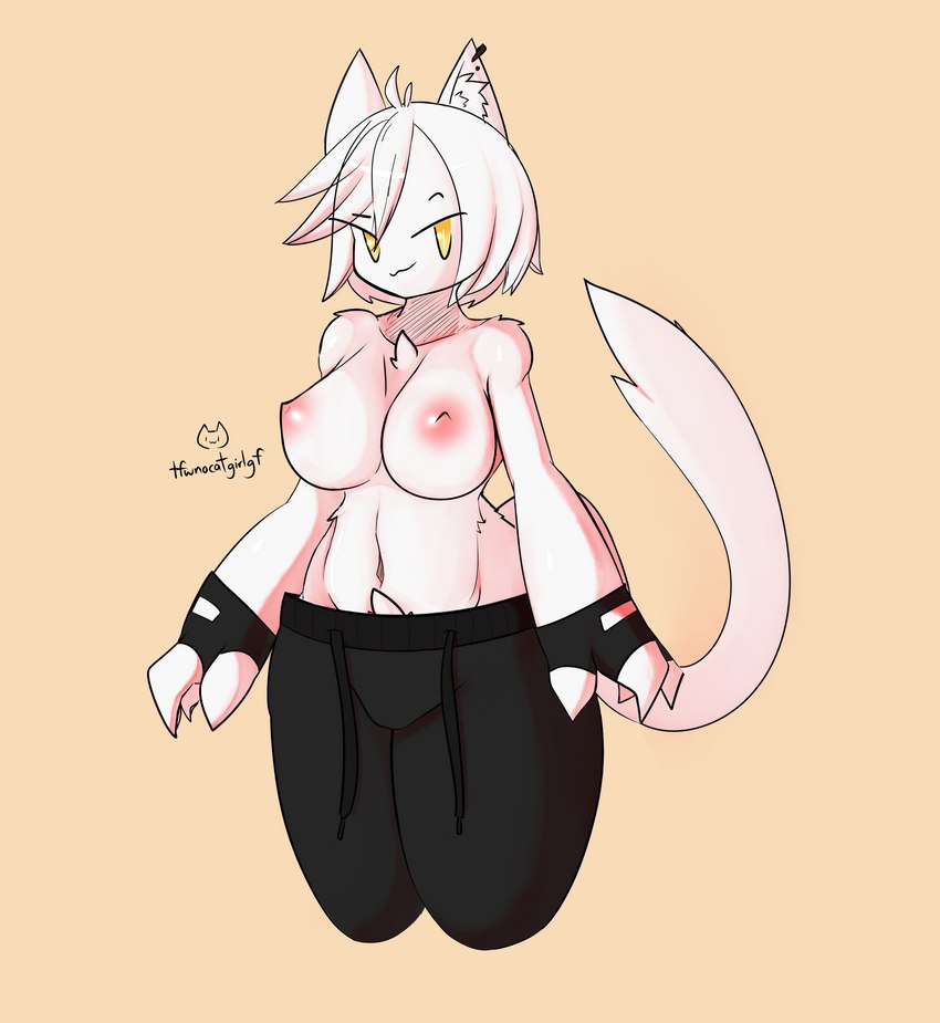 anthro bottomwear breasts clothed clothing ear_piercing female fingerless_gloves fur gloves hair handwear hoodie hoodie_around_waist nipples pants piercing simple_background solo sweatpants topless topwear white_body white_fur white_hair yellow_eyes tfwnocatgirlgf ash_(tfwnocatgirlgf) domestic_cat felid feline felis mammal absurd_res hi_res watermark