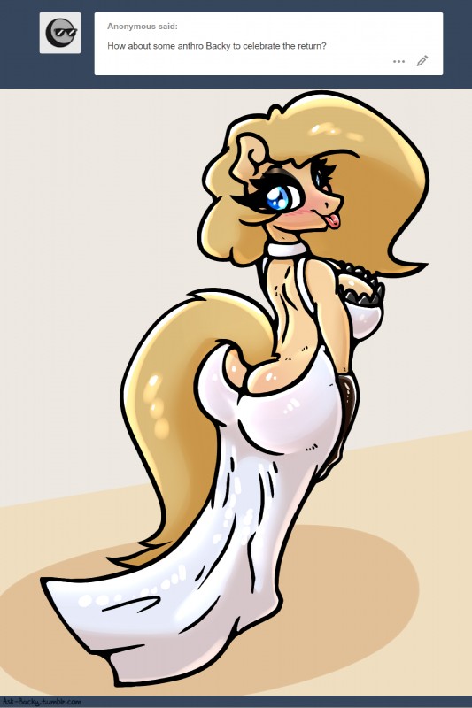 anthro ask_blog clothing dress female solo text tongue tongue_out slavedemorto hasbro my_little_pony backy_(mlp) fan_character equid equine horse mammal 2:3 english_text hi_res