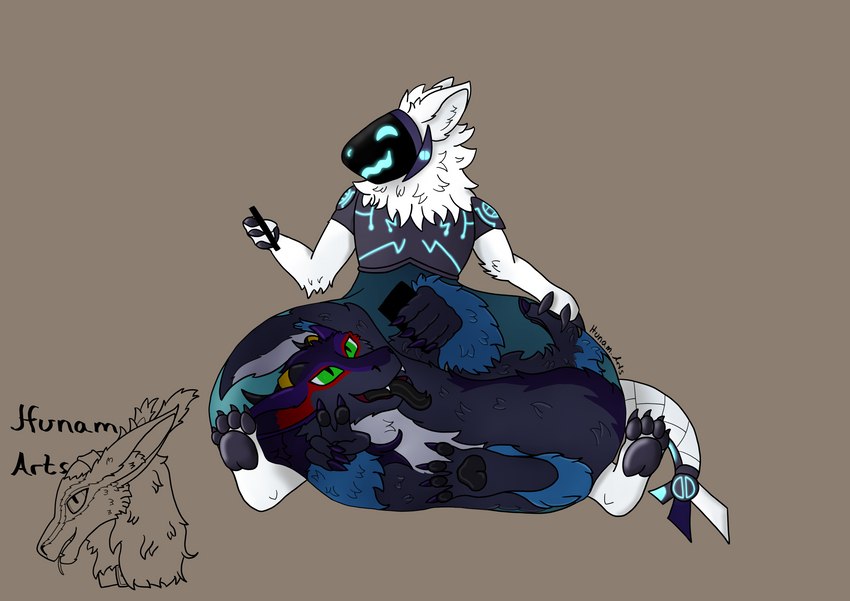 anthro armor belly big_belly blue_body blue_fur breastplate cellphone claws curled_up duo ears_back electronics footprint fully_inside fur green_eyes grey_body grey_fur horn horn_jewelry horn_ring inner_ear_fluff internal jewelry machine male neck_tuft pawpads pawprint paws phone pivoted_ears protogen_visor ring_(jewelry) selfie sitting smartphone tail tuft visor vore white_body white_fur hunamarts mythology hunam dragon mammal mythological_creature mythological_scalie protogen scalie absurd_res hi_res