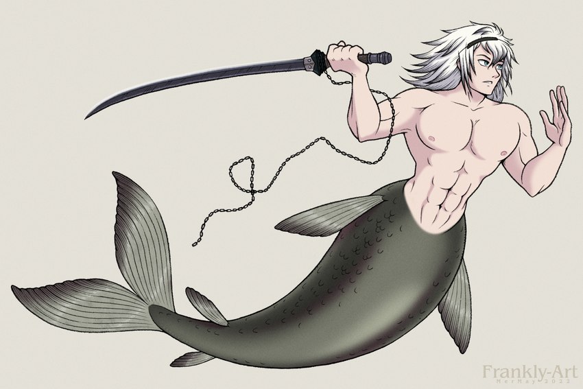 abs accessory barazoku blue_eyes chain chain_weapon fin grey_hair hair headband male melee_weapon muscular muscular_male navel nier_replicant nipples pecs shirtless_male solo split_form sword waist weapon white_hair frankly-art mermay nier nier_(character) animal_humanoid humanoid marine marine_humanoid merfolk 3:2