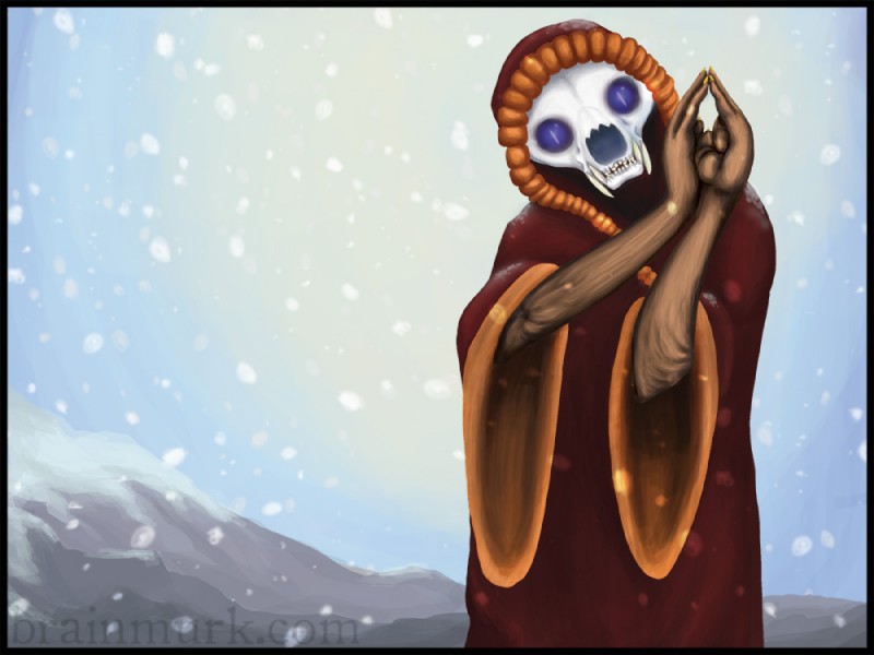 ambiguous_gender bone clothing front_view glowing glowing_eyes magic_user outside purple_eyes robe skeletal skull snow solo witch banrai felid mammal 4:3 digital_media_(artwork) digital_painting_(artwork) half-length_portrait portrait