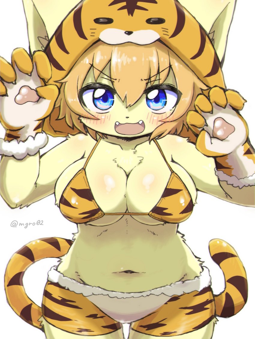 anthro arms_above_head blonde_hair blue_eyes bottomwear bra clothed clothing cute_fangs fake_paws fake_tail fangs female female_anthro hair kemono navel open_mouth partially_clothed paw_pose pawpads pose shorts simple_background solo standing stripes teeth tiger_costume underwear white_background yellow_body mgro02 domestic_cat felid feline felis mammal hi_res signature