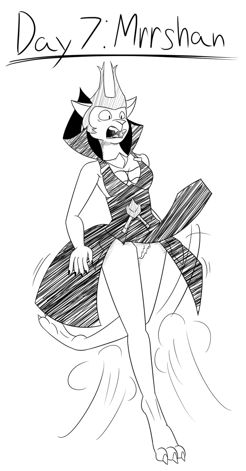 anthro breasts cleavage clothed clothing count day_count digitigrade dress female genitals number on_one_leg open_mouth pussy raised_clothing raised_dress shocked solo standing wardrobe_malfunction wind himitsu master_of_orion empress_jasana felid mammal mrrshan 2021 black_and_white full-length_portrait hi_res monochrome portrait sketch