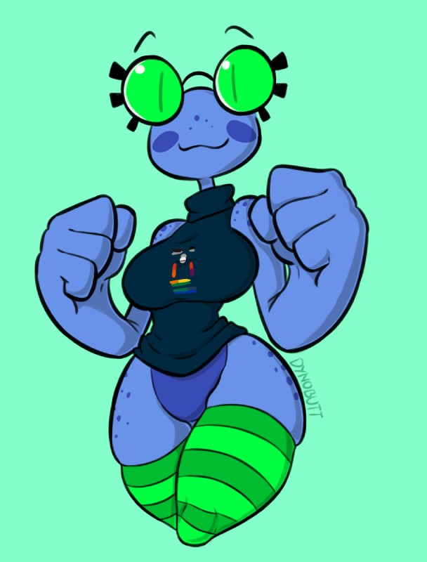 4_fingers absolute_territory anthro blue_body blue_skin clothed clothing female fingers fist freckles happy legwear simple_background smile solo stockings sweater thick_thighs topwear dynobutt coldplay x&y rib_rib_(spur_) amphibian frog hi_res