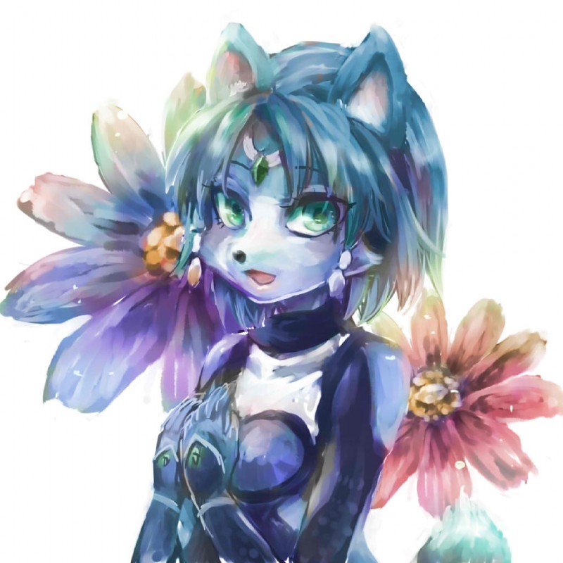 accessory anthro black_nose blue_body blue_fur blue_hair bodysuit clothing female flower fur hair hair_accessory jewelry kemono plant short_hair skinsuit solo tight_clothing white_body white_fur s_mino930 nintendo star_fox krystal_(star_fox) canid canine fox mammal 1:1