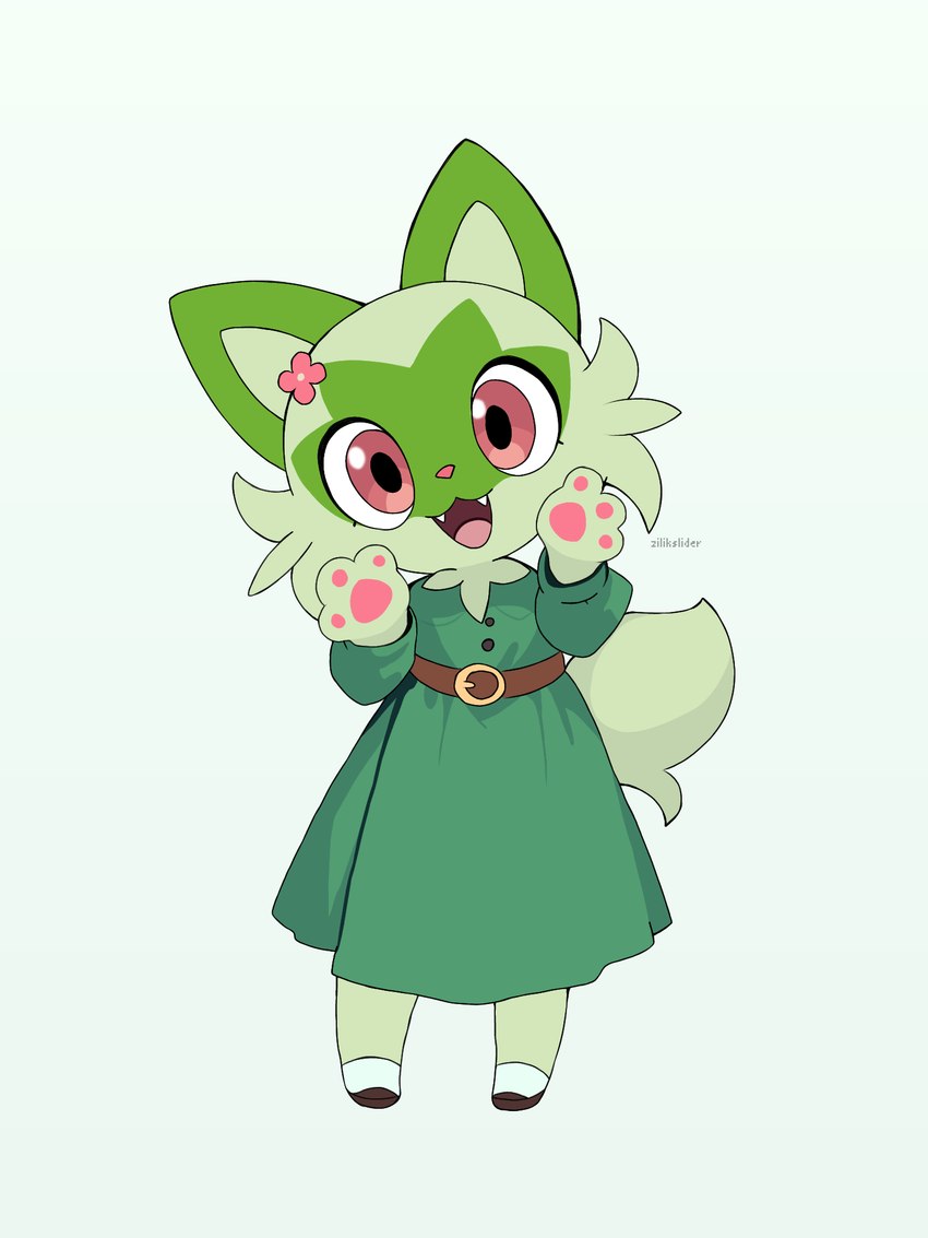 anthro chibi clothing dress female green_clothing green_dress paws size_difference smaller_female solo zilikslider nintendo pokemon domestic_cat felid feline felis generation_9_pokemon mammal pokemon_(species) sprigatito 3:4 hi_res