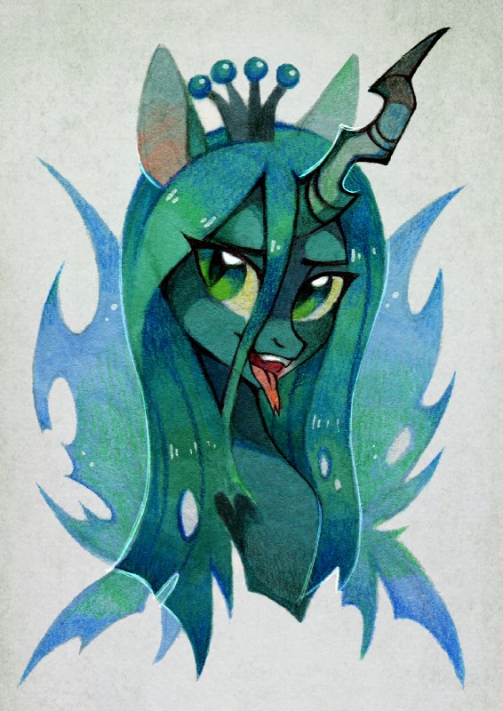 colored_pencil crown eyebrows eyelashes fangs female feral forked_tongue green_eyes hair headgear horn insect_wings long_hair open_mouth open_smile pupils simple_background slit_pupils smile solo teal_hair teeth tongue tongue_out white_background wings lispp friendship_is_magic hasbro my_little_pony queen_chrysalis_(mlp) arthropod changeling equid mammal 2018 colored_pencil_(artwork) headshot_portrait hi_res portrait traditional_media_(artwork)