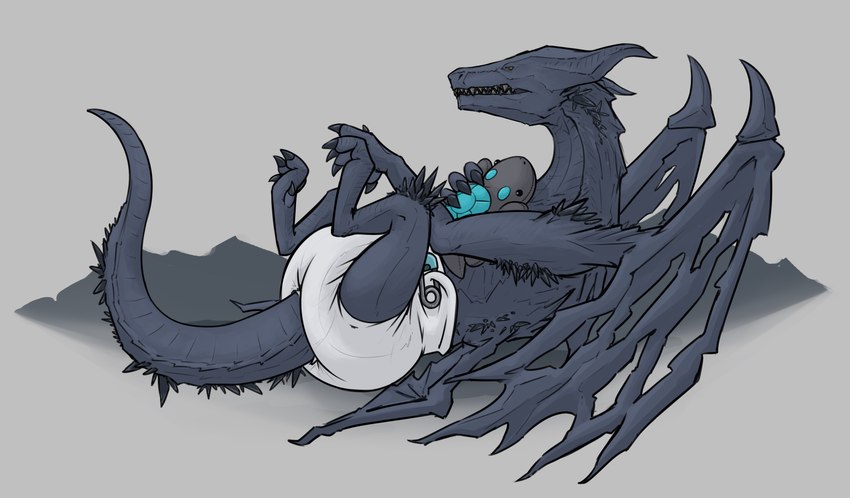 ambiguous_gender claws clean_diaper cloth_diaper clothing diaper fastener feral horn legs_up lying on_back pin_(fastener) plushie safety_pin solo spread_legs spreading tail teeth wings ire-k dark_souls fromsoftware mythology darkeater_midir dragon mythological_creature mythological_scalie scalie absurd_res hi_res