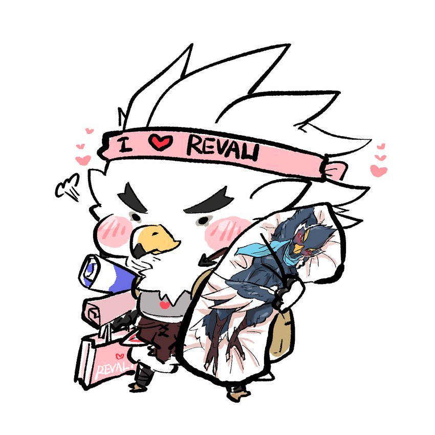 accessory anthro backpack beak blush body_pillow chibi dakimakura dakimakura_design dakimakura_pillow feathers headband heart_symbol male otaku pillow pink_blush shopping_bag simple_background solo white_background white_body white_feathers yellow_beak ryeono_kemo breath_of_the_wild nintendo the_legend_of_zelda revali teba_(tloz) avian bird rito 1:1 2022 digital_drawing_(artwork) digital_media_(artwork) flat_colors hi_res