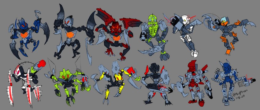 ambiguous_gender armor bat_wings biped blade_arm blue_body claws fangs fingers green_body green_eyes grey_background group gun handgun holding_object holding_weapon insect_wings laser_sight lego_brick machine machine_gun mandibles markings mask melee_weapon membrane_(anatomy) membranous_wings mouthless multi_limb multicolored_body orange_body pointed_feet ranged_weapon red_body red_eyes red_markings simple_background spikes spikes_(anatomy) standing teeth two_tone_body weapon white_body wings yellow_eyes bigphan bionicle lego antroz bitil chirox gali gorast kopaka krika lewa onua pohatu tahu vamprah arthropod humanoid insect makuta monster robot robot_humanoid toa vampire digital_drawing_(artwork) digital_media_(artwork) hi_res