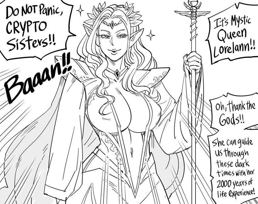 breasts cryptocurrency female hair holding_object holding_staff humanoid_pointy_ears humor jewelry not_furry pointy_ears smile solo staff text baalbuddy queen_lorelaan elf humanoid 2022 comic english_text hi_res monochrome