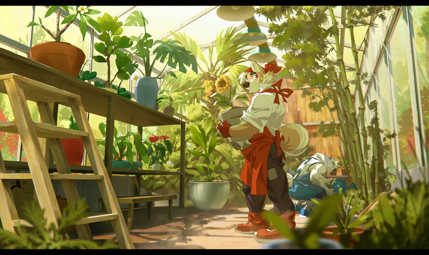 accessory anthro black_bars clothed clothing detailed_background flower fur gardening greenhouse group headband male muscular plant vivarium white_body white_fur rollingstoneeeeee ben_(rollingstoneeeeee) bear canid canine mammal polar_bear ursine 2020 hi_res letterbox wallpaper