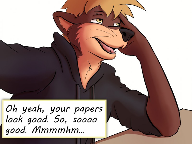 anthro brown_body brown_fur clothed clothing dialogue fur hair male orange_hair solo text whiskers colrblnd duzt measureup bishop_locke mammal mustelid otter 4:3 comic english_text