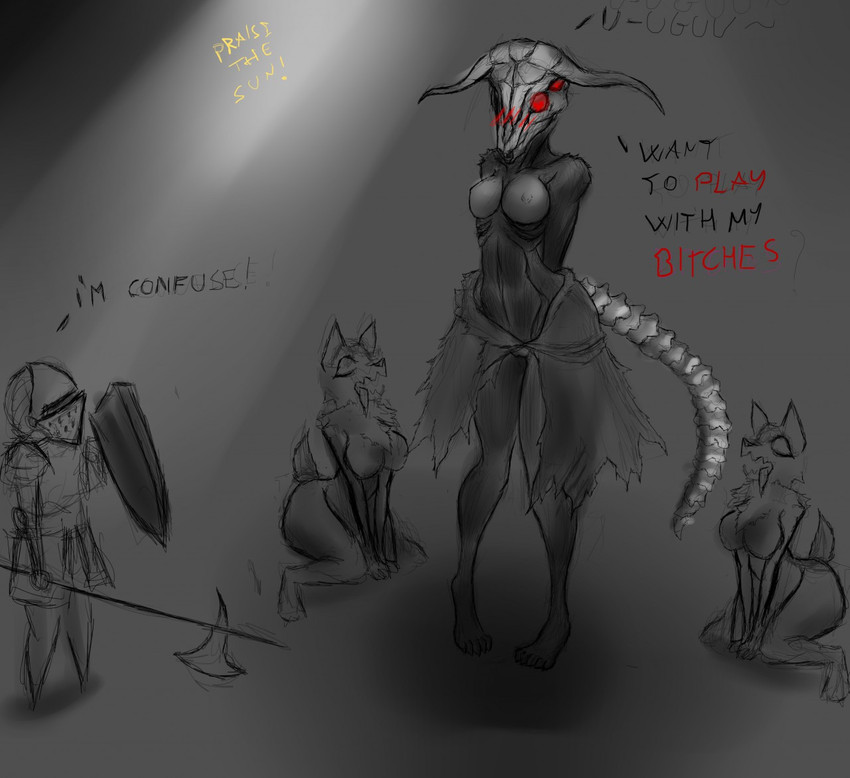 ambiguous_gender anthro breasts crossgender female group mtf_crossgender profanity skeletal text puddomega dark_souls fromsoftware bovid canid canine capra_demon caprine goat mammal english_text