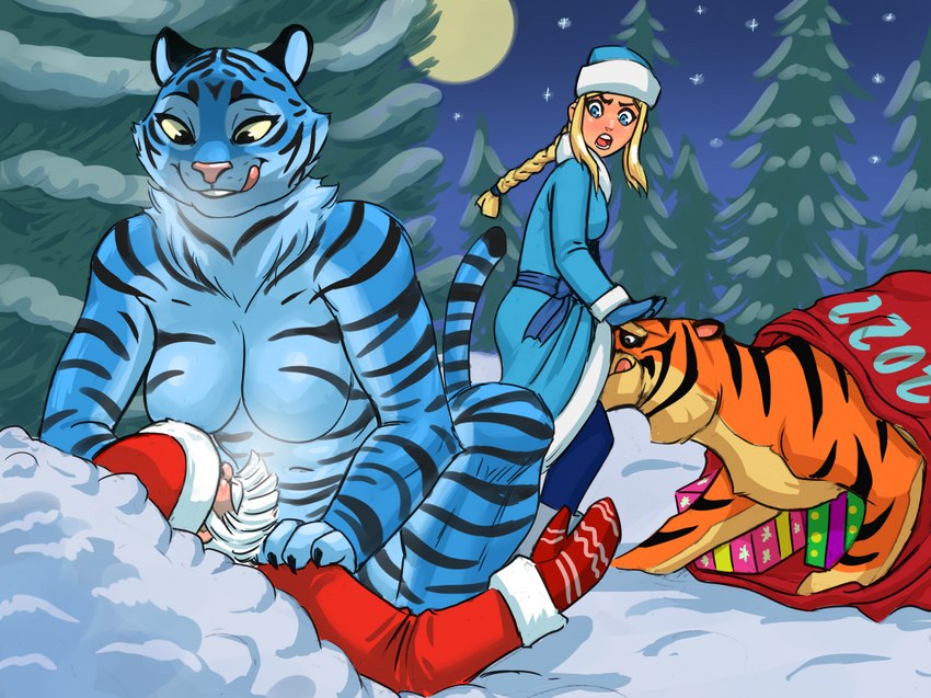 anthro beard big_breasts black_eyes black_stripes blonde_hair blue_body blue_bottomwear blue_clothing blue_eyes blue_fur blue_gloves blue_handwear blue_hat blue_headwear blue_pants blue_topwear blush bottomwear braided_hair braided_ponytail breasts clothing eyelashes facial_hair featureless_breasts female female_on_top feral fur gloves group hair handwear hat headgear headwear holidays imminent_sex licking licking_lips licking_own_lips male male/female navel neck_tuft on_top open_mouth orange_body orange_fur pants ponytail red_clothing red_gloves red_handwear red_hat red_headwear red_topwear snow stripes tan_body tan_fur tan_skin thick_thighs tongue tongue_out topwear tuft white_beard white_facial_hair wide_hips winter yellow_sclera flick-the-thief christmas ded_moroz shere_khan snegurochka bengal_tiger felid human mammal pantherine tiger