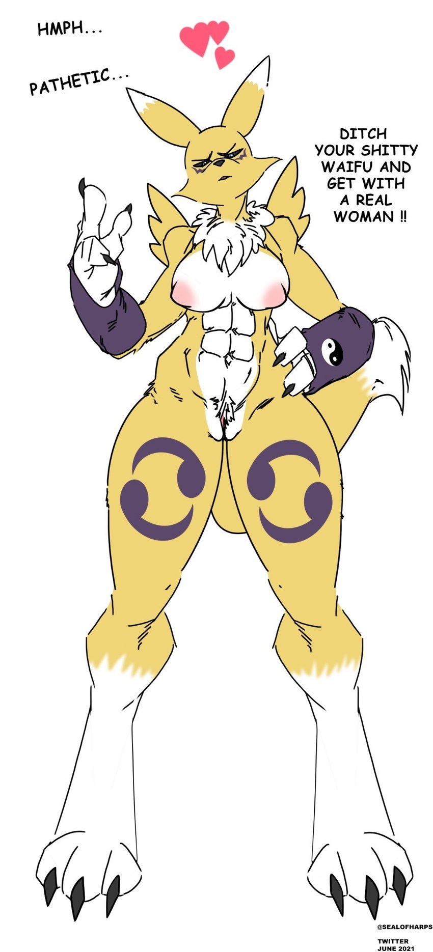 abs anthro athletic breasts claws female genitals heart_symbol looking_at_viewer muscular muscular_female pussy solo text toe_claws harpseal bandai_namco digimon canid digimon_(species) mammal renamon english_text hi_res meme