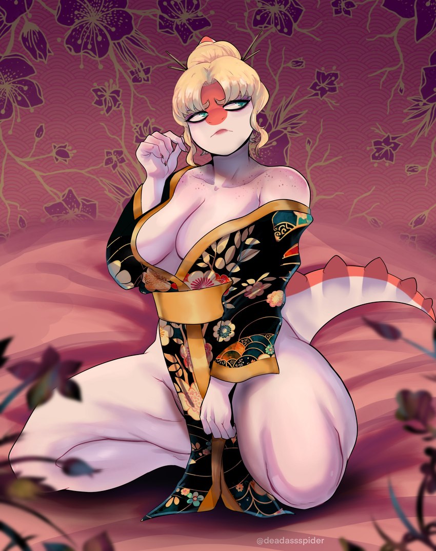 5_fingers anthro asian_clothing black_clothing black_kimono blonde_hair bone_frill breasts cleavage clothed clothing detailed_background east_asian_clothing eyeliner female fingers freckled_shoulders freckles frill_(anatomy) green_eyes hair japanese_clothing kimono kimono_only kneeling long_tail makeup orange_body orange_scales scales solo spiked_tail spikes spikes_(anatomy) tail white_body white_scales deadassspider cavemanon_studios goodbye_volcano_high snoot_game naomi_(gvh) dinosaur hadrosaurid ornithischian ornithopod parasaurolophus prehistoric_species reptile scalie absurd_res colored hi_res