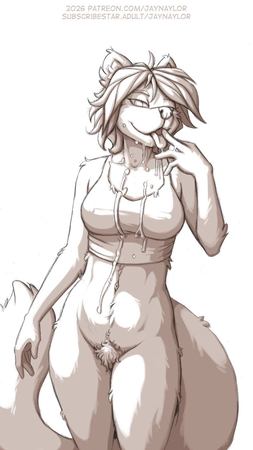 anthro bedroom_eyes bodily_fluids bottomless clothed clothing cum cum_drip cum_in_mouth cum_inside cum_on_face cum_on_hand dripping erect_nipples female fluffy fluffy_tail genital_fluids hairy looking_at_viewer narrowed_eyes nipple_outline nipples open_mouth pubes seductive solo tail text tongue tongue_out conditional_dnp jay_naylor lynne ailurid mammal red_panda 2026 digital_media_(artwork) hi_res monochrome sketch url