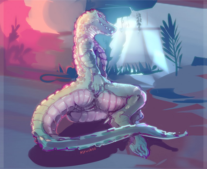 anthro anus butt female flat_chested genitals looking_at_viewer nude presenting pussy scales simple_background solo teeth libido_(artist) alligator alligatorid crocodilian reptile scalie 2017 digital_media_(artwork) hi_res