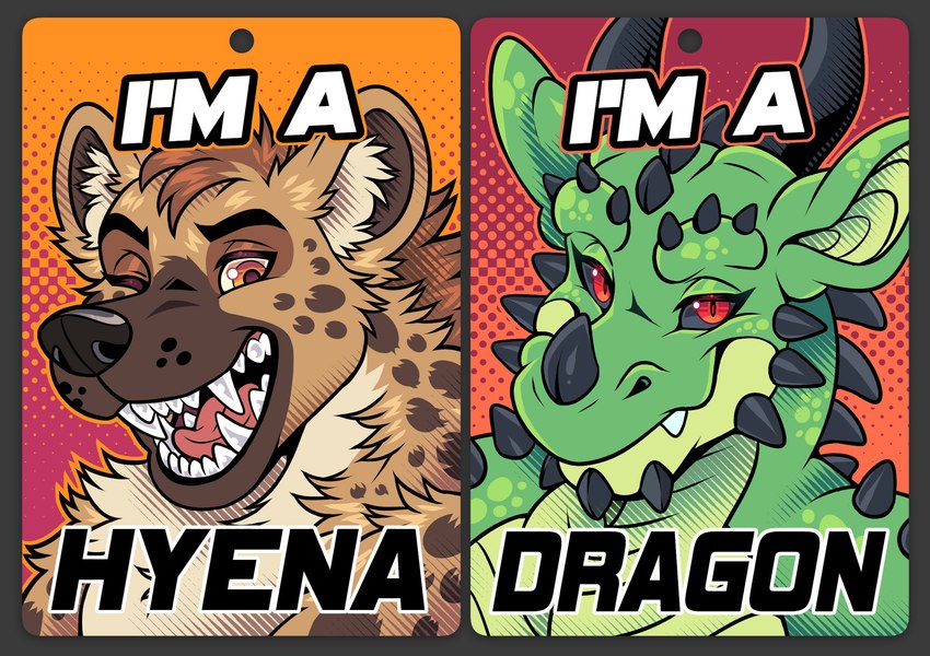 2_horns anthro bared_fangs biped black_sclera brown_body brown_fur curved_horn duo fur green_body green_scales horn looking_at_viewer male orange_eyes red_eyes scales sharp_fangs muttasaur mythology dragon hyena mammal mythological_creature mythological_scalie scalie 2024 hi_res