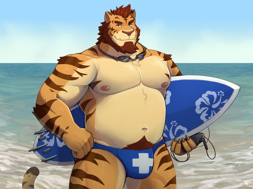 anthro beach belly blue_clothing blue_eyes blue_sky blue_speedo blue_swimwear bottle brown_hair clothed clothing container eyewear facial_hair fur goggles hair hand_on_hip holding_bottle holding_container holding_object holding_surfboard looking_at_viewer lotion_bottle male musclegut muscular muscular_thighs navel nipples orange_body orange_fur pecs plus_sign pubes sea seaside sky solo speedo speedo_only standing striped_body striped_fur stripes surfboard swimwear topless water zcdartz after_class lars_(after_class) felid mammal pantherine tiger 2023 hi_res