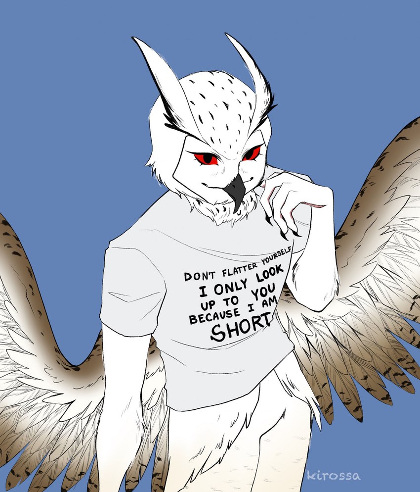 anthro beak bottomless clothed clothing feathers feet looking_at_viewer looking_up looking_up_at_viewer male red_eyes shirt shirt_only smug_eyes smug_face solo t-shirt talon_hands text text_on_clothing toes topwear topwear_only tuft white_body white_feathers wings kirossa meme_clothing thieu_(thieutheowl) avian bird eurasian_eagle-owl horned_owl owl true_owl english_text hi_res meme