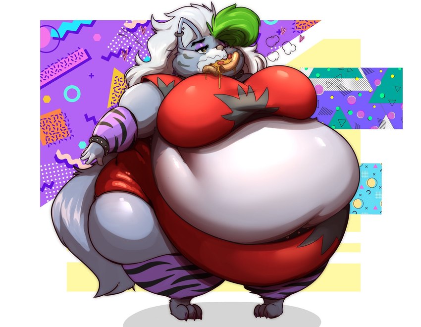 anthro belly big_belly big_breasts bracelet breasts clothed clothing collar ear_piercing eyeshadow female food fur green_hair grey_body grey_fur hair half-closed_eyes huge_belly jewelry love_handles machine makeup morbidly_obese morbidly_obese_anthro morbidly_obese_female multicolored_hair narrowed_eyes obese obese_anthro obese_female one_eye_closed overweight overweight_anthro overweight_female piercing pizza pizza_in_mouth solo spiked_bracelet spiked_collar spikes stuffing white_hair yellow_eyes garuda_six five_nights_at_freddy's five_nights_at_freddy's:_security_breach scottgames steel_wool_studios roxanne_wolf animatronic canid canine canis mammal robot wolf 2023 digital_media_(artwork) hi_res