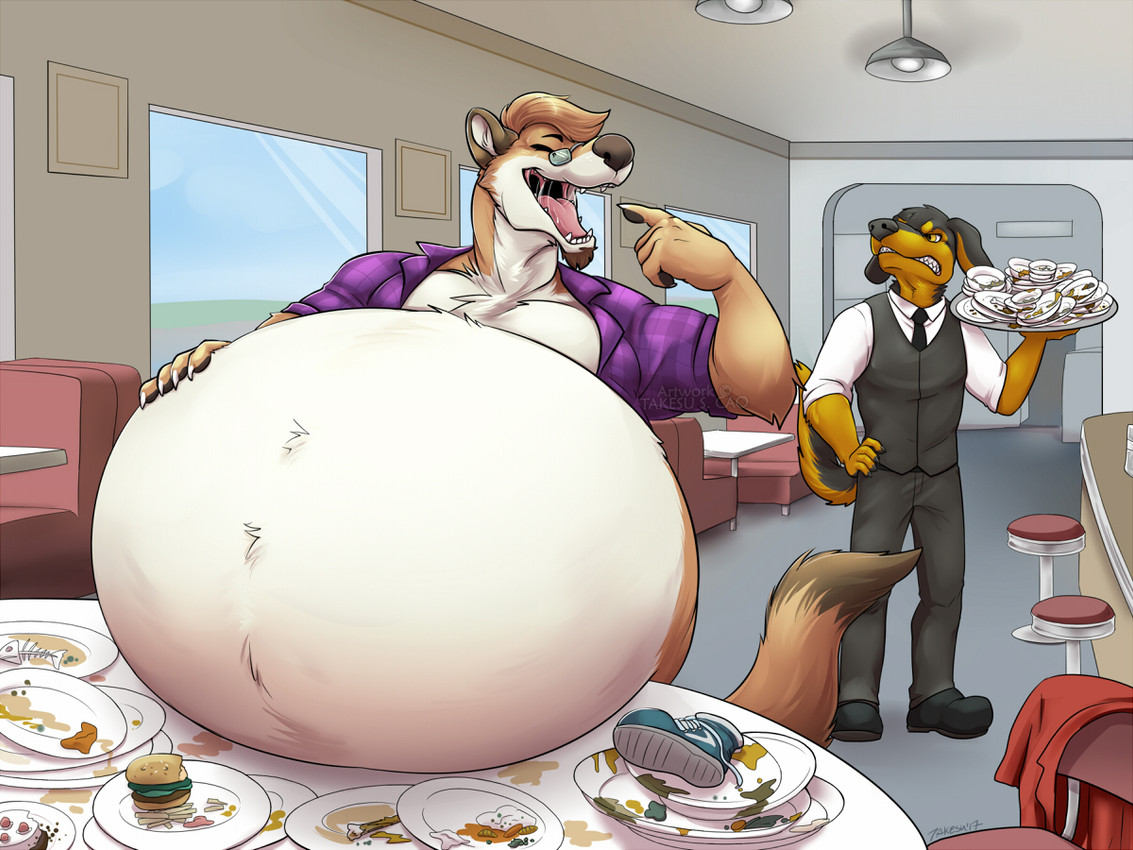 anthro belly big_belly black_body black_fur bloated bodily_fluids brown_body brown_fur clothing diner empty_plate eyes_closed eyewear food footwear fur furniture glasses huge_belly male male_pred open_mouth orange_body orange_fur plate restaurant saliva saliva_string same_size_vore shoes sitting stuffing table tail vore waiter takesu canid canine canis domestic_dog mammal mustelid otter 4:3