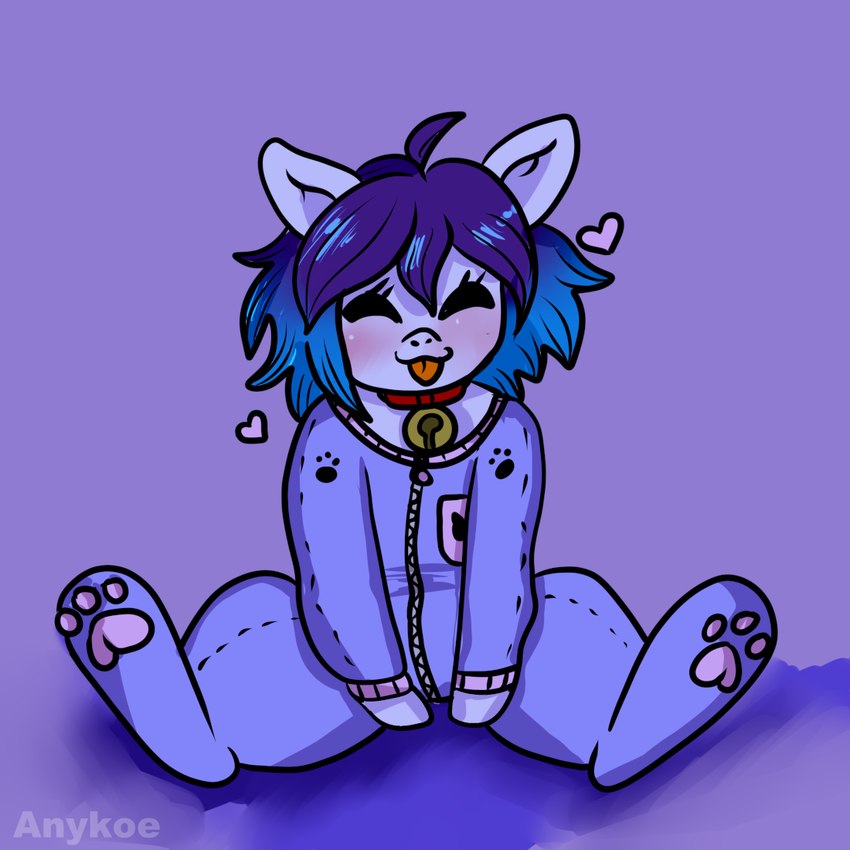 bell bell_collar blush chibi clothing collar eyes_closed female feral floating_hearts hair multicolored_hair onesie pajamas simple_background solo tongue tongue_out anykoe hasbro my_little_pony anykoe_(anykoe) earth_pony equid equine horse mammal pony signature