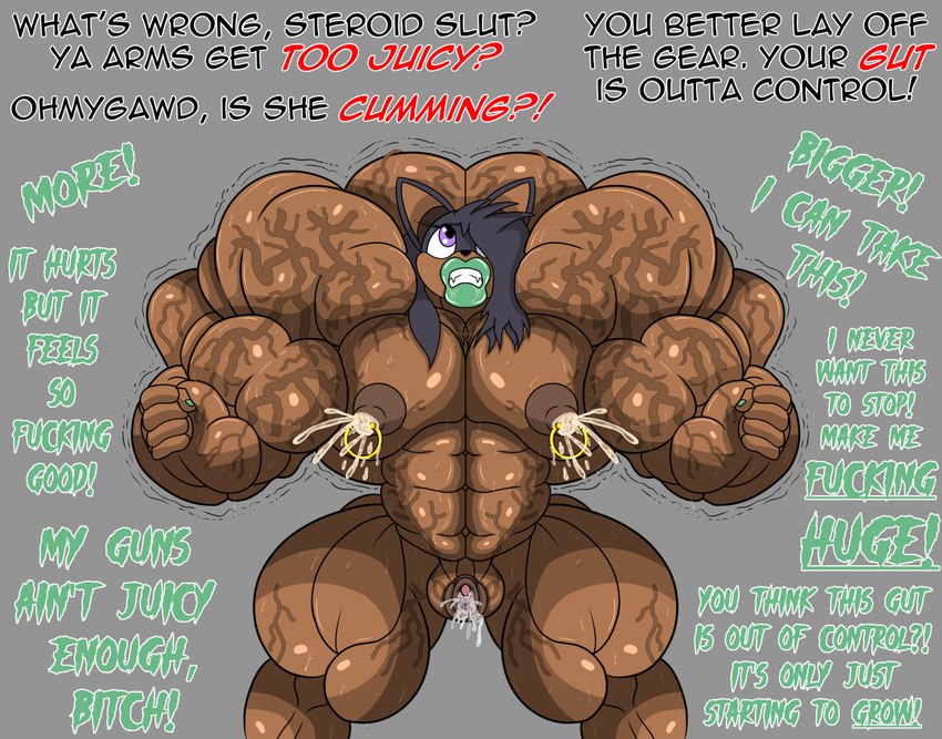 abs anthro areola big_muscles big_pussy black_hair bodily_fluids breasts clenched_teeth colored_nails dark_areola dark_body dark_nipples dark_skin female genital_fluids genitals green_lips green_nails growth hair huge_muscles hyper hyper_muscles lactating lips milk muscle_growth muscular muscular_female nails nipple_piercing nipples orgasm pecs_with_breasts piercing pussy shaking solo teeth text thick_lips trembling vaginal_fluids vein veiny_belly veiny_breasts veiny_muscles veiny_pecs veiny_pussy pyrohawk sega sonic_the_hedgehog_(series) fan_character sharina_(pyrohawk) bat mammal 2022 english_text hi_res