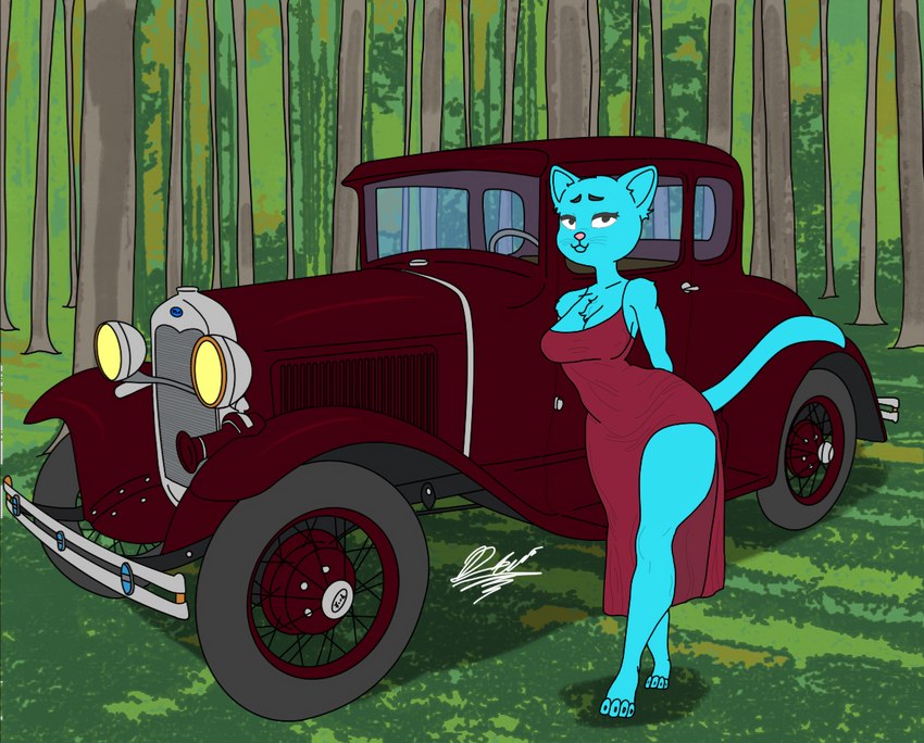 1930s_theme 4_toes anthro antique_car barefoot blue_body blue_fur breasts car clothing detailed_background dress feet female forest fur grass motor_vehicle plant red_clothing red_dress solo toes tree vehicle vintage_car delta_dewitt cartoon_network ford the_amazing_world_of_gumball nicole_watterson domestic_cat felid feline felis mammal digital_media_(artwork) signature