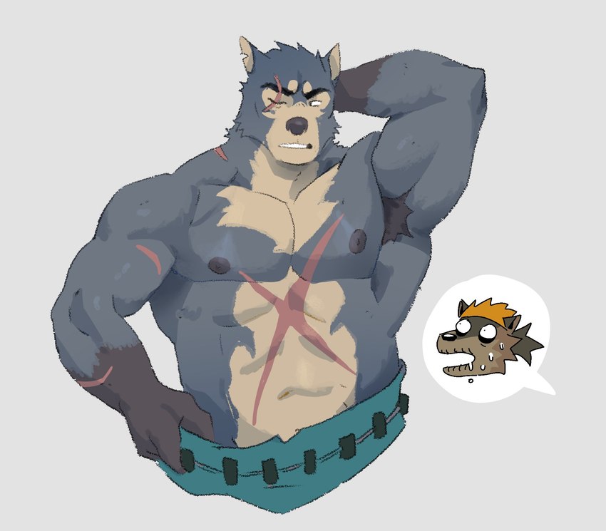 abs anthro armpit_hair blue_body blue_fur body_hair brown_body brown_fur dark_nipples dry_mouth duo eye_scar facial_scar fur gloves_(marking) hair kerchief male markings missing_eye navel nipples pecs ponytail raised_arm scar shirtless tan_body tan_fur st4rsbucks anothereidos_of_dragon_vein_r orta_(anothereidos_r) pollon_(anothereidos_r) canid canine canis jackal mammal wolf hi_res