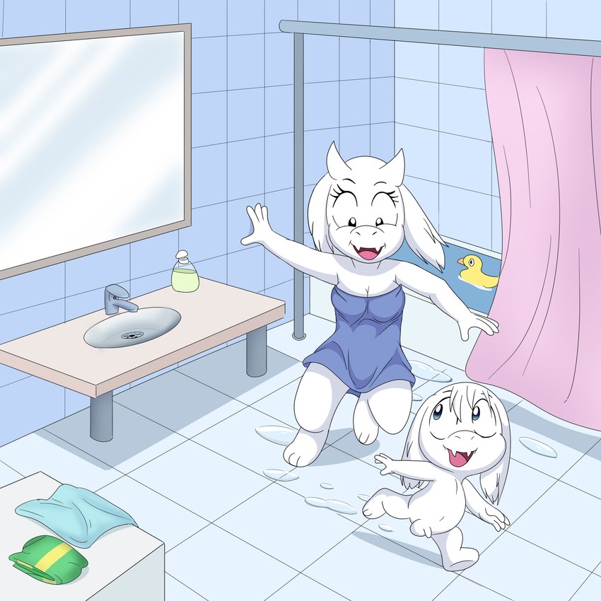 anthro balls bathroom bathtub chasing clothing discarded_clothing duo female flaccid floor fur genitals horn male nude penis rubber_duck running shower_curtain tile tile_floor tile_wall towel towel_only wall_(structure) wet wet_body wet_fur white_body white_fur young young_anthro seikkeizu undertale undertale_(series) asriel_dreemurr toriel boss_monster_(undertale) bovid caprine goat mammal monster 1:1 absurd_res hi_res mother_(lore) mother_and_child_(lore) mother_and_son_(lore) parent_(lore) parent_and_child_(lore) parent_and_son_(lore) son_(lore)