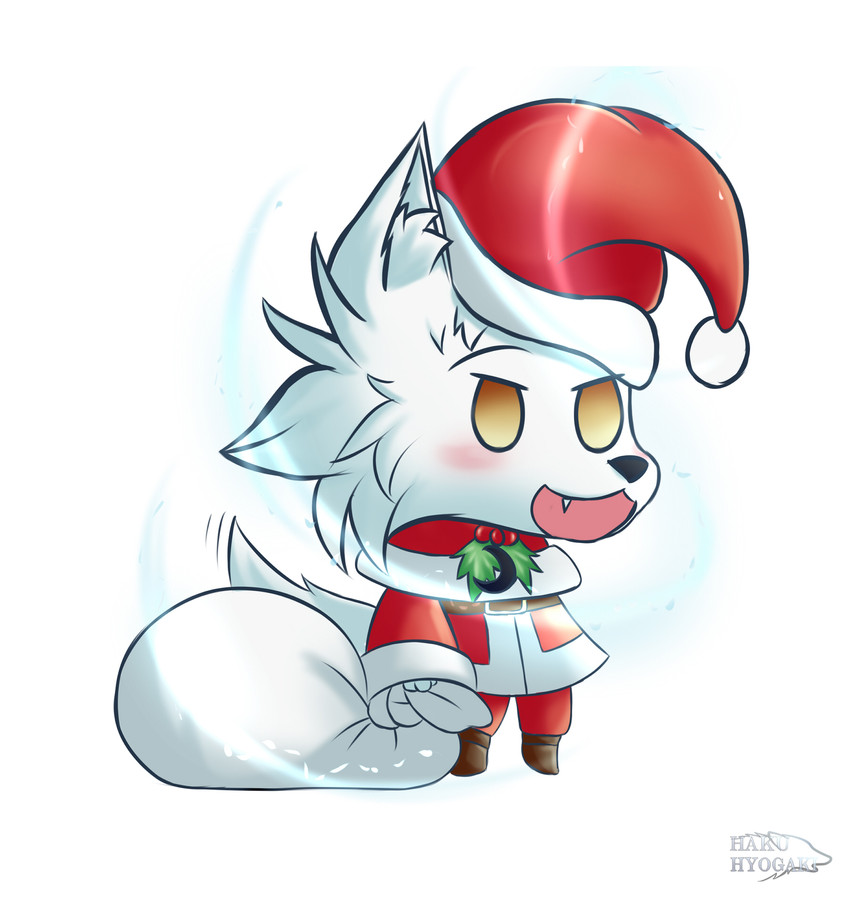 anthro blush chibi christmas_clothing christmas_headwear clothed clothing fur hat headgear headwear holidays male open_mouth open_smile orange_eyes santa_hat simple_background smile solo white_background white_body white_fur hakuhyogaki christmas padoru kai_oosaki arctic_wolf canid canine canis mammal wolf hi_res