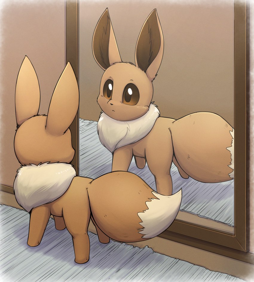 ambiguous_gender black_nose brown_body brown_eyes brown_fur cheek_tuft detailed_background dipstick_tail facial_tuft feral fluffy fur head_tuft inside looking_at_self markings mirror neck_tuft quadruped reflection rug solo tail tail_markings tuft otakuap nintendo pokemon eevee generation_1_pokemon pokemon_(species) 2022 digital_media_(artwork) hi_res shaded