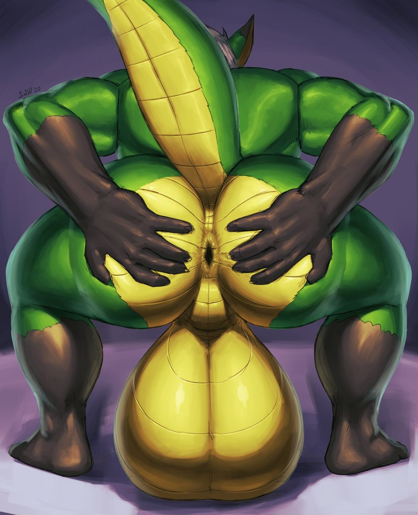 5_fingers anthro anus backsack balls big_balls biped butt claws feet finger_claws fingers fur genitals gloves_(marking) green_body green_fur hair hand_on_butt huge_balls humanoid_feet humanoid_hands hyper hyper_balls hyper_genitalia leg_markings male markings muscular muscular_anthro muscular_male non-mammal_balls paws perineum plantigrade scales socks_(marking) solo spread_anus spread_butt spreading tail toes white_hair yellow_anus yellow_balls yellow_body yellow_perineum yellow_scales jindragowolf european_mythology mythology jin_(jindragowolf) canid canine dragon fox hybrid mammal mythological_creature mythological_scalie scalie western_dragon 2020 hi_res