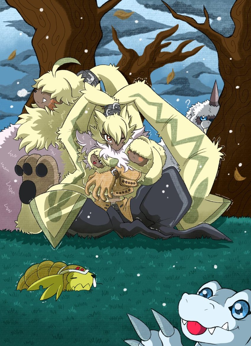 ahoge anthro belt bottomwear clothing cuddling evolutionary_family fluffy_chest fur group hair hair_over_eyes long_ears male orange_eyes pants pawpads ponytail_ears shirtless snow snowing winter yellow_body yellow_fur portugueselynx bandai_namco digimon angoramon bosamon digimon_(species) lagomorph leporid mammal pyonmon rabbit symbareangoramon hi_res