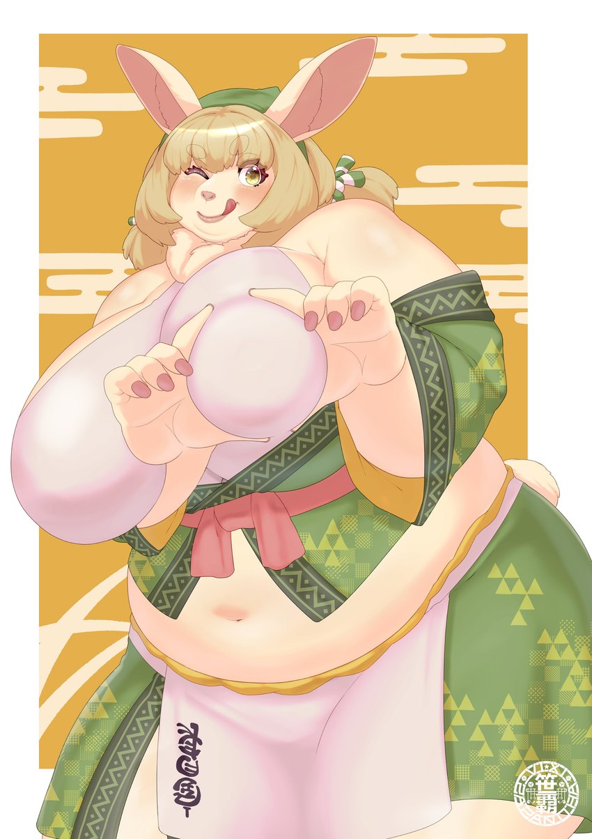 anthro bare_shoulders big_breasts blonde_hair border breast_grab breasts clothed clothing colored_nails dress eyelashes female fur gesture green_clothing green_dress hair hand_gesture hand_on_breast huge_breasts japanese_cloud licking licking_lips looking_at_viewer midriff nails navel one_eye_closed overweight overweight_anthro overweight_female pink_nails solo thick_thighs tongue tongue_out white_body white_border white_fur wink sasanoha6011 lagomorph leporid mammal rabbit absurd_res hi_res