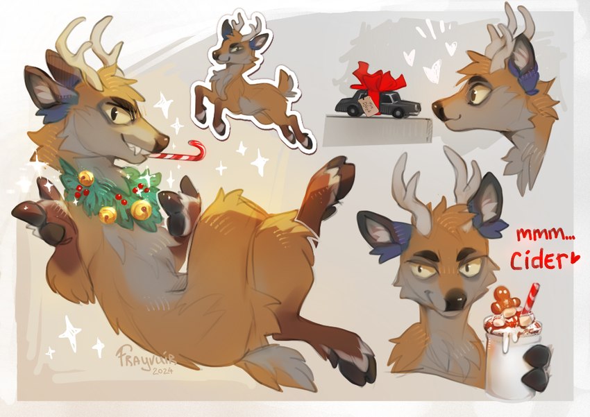 anthro antlers bell beverage black_nose blue_body blue_fur brown_body brown_fur candy_cane_in_mouth cheek_tuft container cup drinking_straw facial_tuft feral fur heart_symbol holding_beverage holding_container holding_cup holding_object holidays hooves horn looking_at_viewer male multiple_poses pose quadruped solo teeth text tuft wreath reysi christmas deer mammal new_world_deer reindeer 2024 digital_media_(artwork) english_text signature