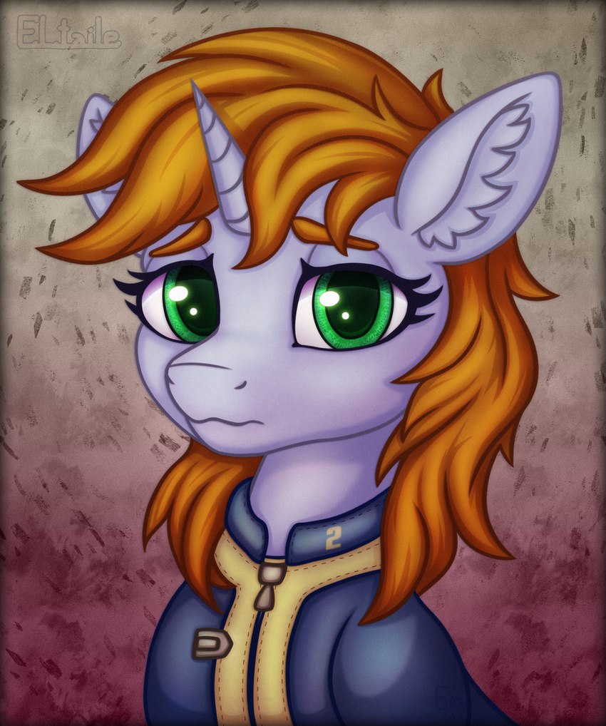 female horn inner_ear_fluff looking_at_viewer solo tuft vault_suit elronya eltaile fallout fallout_equestria hasbro microsoft my_little_pony mythology fan_character littlepip equid equine horse mammal mythological_creature mythological_equine pony unicorn bust_portrait hi_res portrait