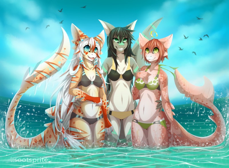 anthro bikini black_hair blue_eyes breasts clothing collarbone detailed_background female fin green_eyes group hair happy legs_in_water looking_at_viewer navel navel_piercing non-mammal_breasts outside partially_submerged piercing sea seascape sky smile submerged_legs swimwear tail tail_fin teeth two-piece_swimsuit water wet white_hair sootsprite charlotte_(rt001) maki_(avaarana) sushi_(sootsprite) fish marine shark