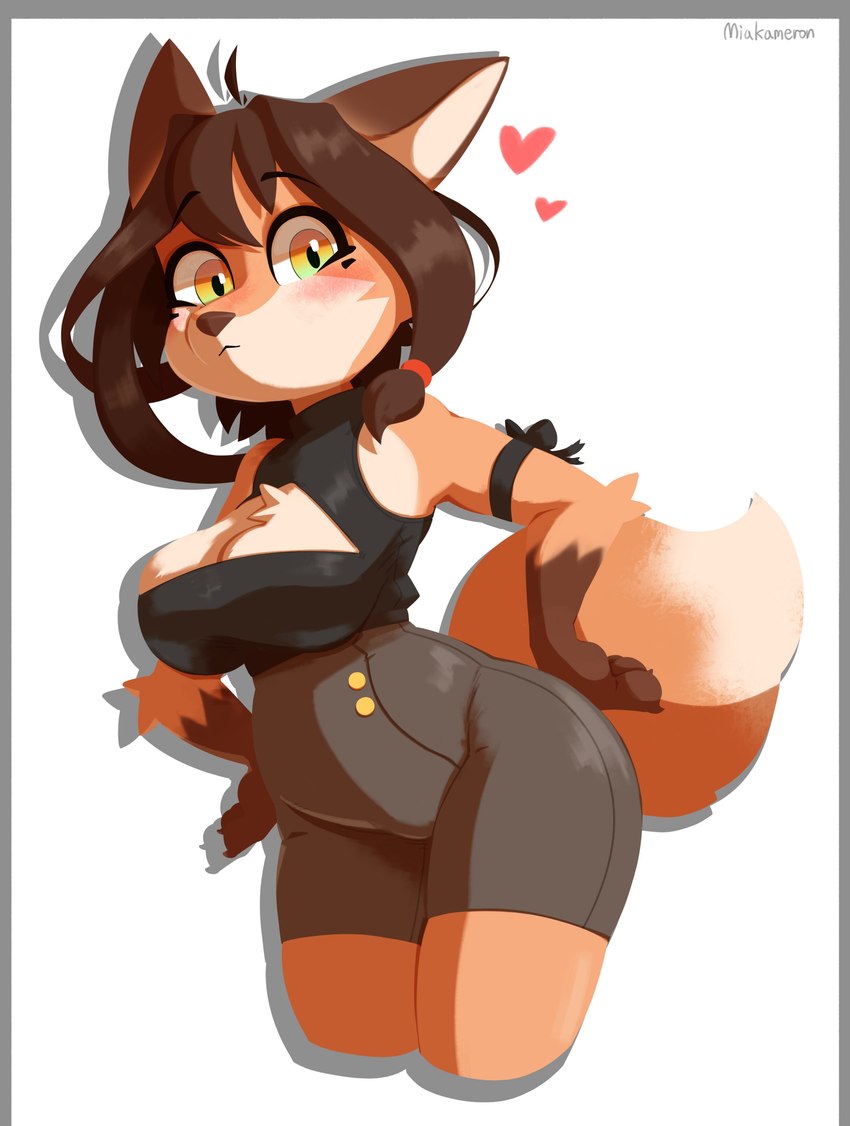 anthro arm_bow blush breasts brown_hair clothed clothing dipstick_ears dipstick_tail ear_markings eyebrow_through_hair eyebrows female fur gloves_(marking) hair hands_on_hips heart_symbol looking_at_viewer markings multicolored_ears orange_body orange_fur solo tail tail_markings translucent translucent_hair white_body white_fur yellow_eyes miakameron canid canine fox mammal 2024 absurd_res hi_res