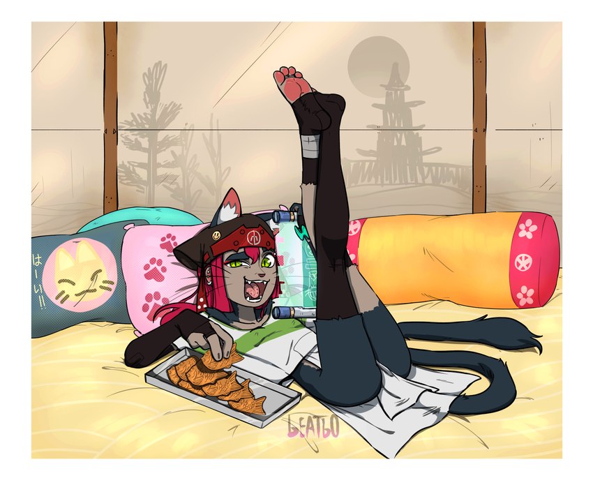 4_toes anthro barefoot border bungeo-ppang butt clothed clothing eating feet female food footwear headgear headwear highlights_(coloring) legs_up lying minji_(beatbo) on_back pastry pawpads paws pink_pawpads plantigrade soles solo toeless_footwear toes white_border beatbo beatboafterdark crackers_in_bed_pose felid feline hybrid mammal absurd_res hi_res