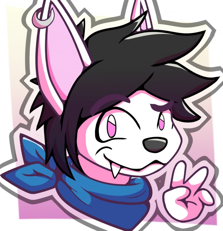 ambiguous_gender anthro black_hair border clothing ear_piercing fangs gesture hair hand_gesture kerchief looking_at_viewer outline piercing pink_background pink_eyes simple_background solo teeth v_sign white_border chainchomped laggingdiamond canid canine fox mammal hi_res icon