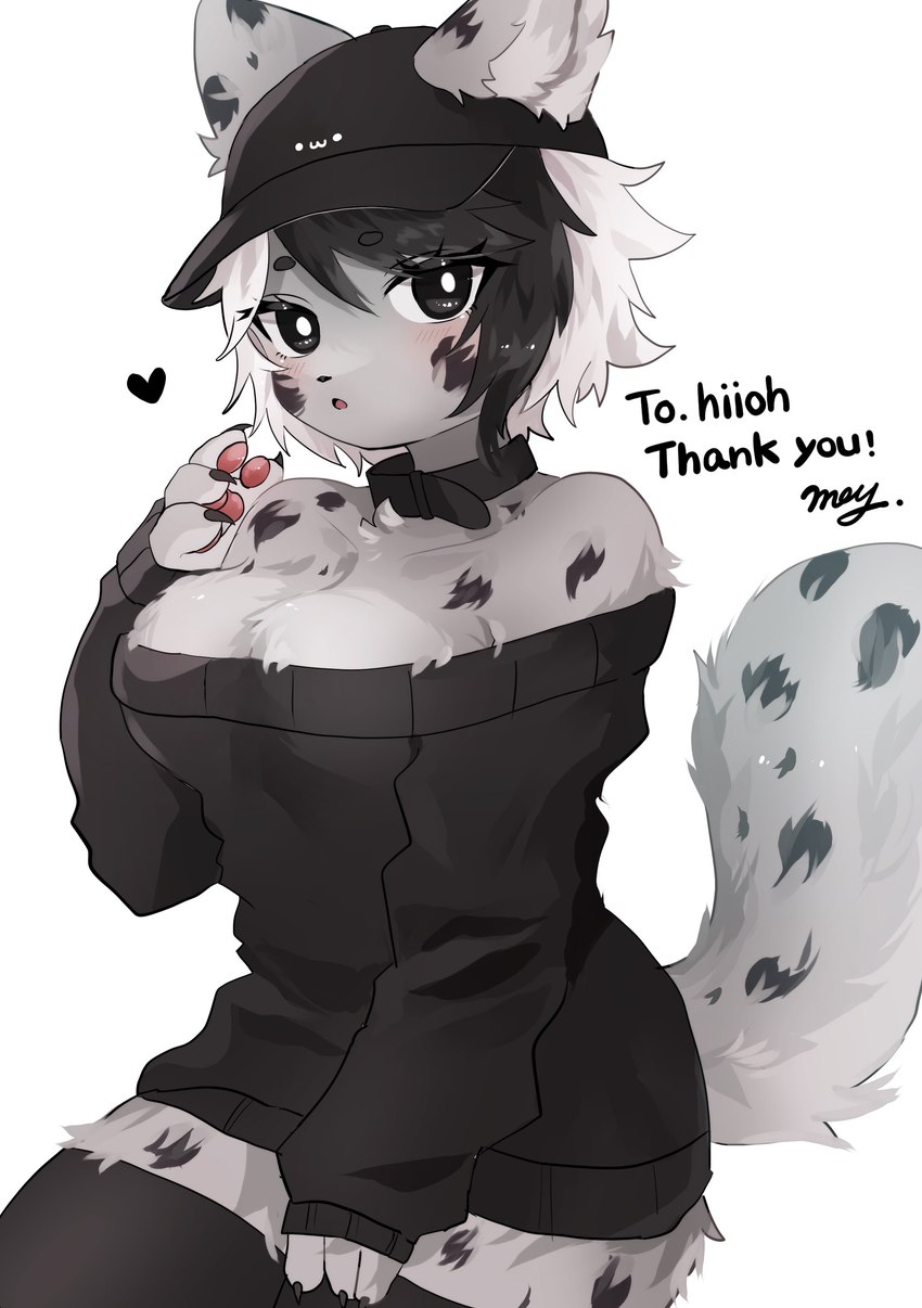 absolute_territory anthro arm_tuft bare_shoulders baseball_cap big_breasts biped black_clothing black_collar black_eyes black_hair black_headwear black_legwear black_spots black_topwear blush breasts cheek_markings claws cleavage clothed clothing collar ears_through_headwear facial_markings female fluffy fluffy_hair fluffy_tail footwear fur furgonomics grey_body grey_fur hair hand_to_face handpaw hat head_markings headgear headwear heart_symbol inner_ear_fluff leg_tuft legwear long_sleeves looking_at_viewer markings multicolored_body multicolored_fur multicolored_hair neck_tuft open_mouth owo pawpads paws raised_tail short_hair simple_background sleeves_past_wrists socks solo spots sweater_dress tail text thick_thighs thigh_highs topwear tuft two_tone_body two_tone_fur two_tone_hair white_background white_hair 115meg felid mammal pantherine snow_leopard absurd_res artist_name commissioner_name hi_res