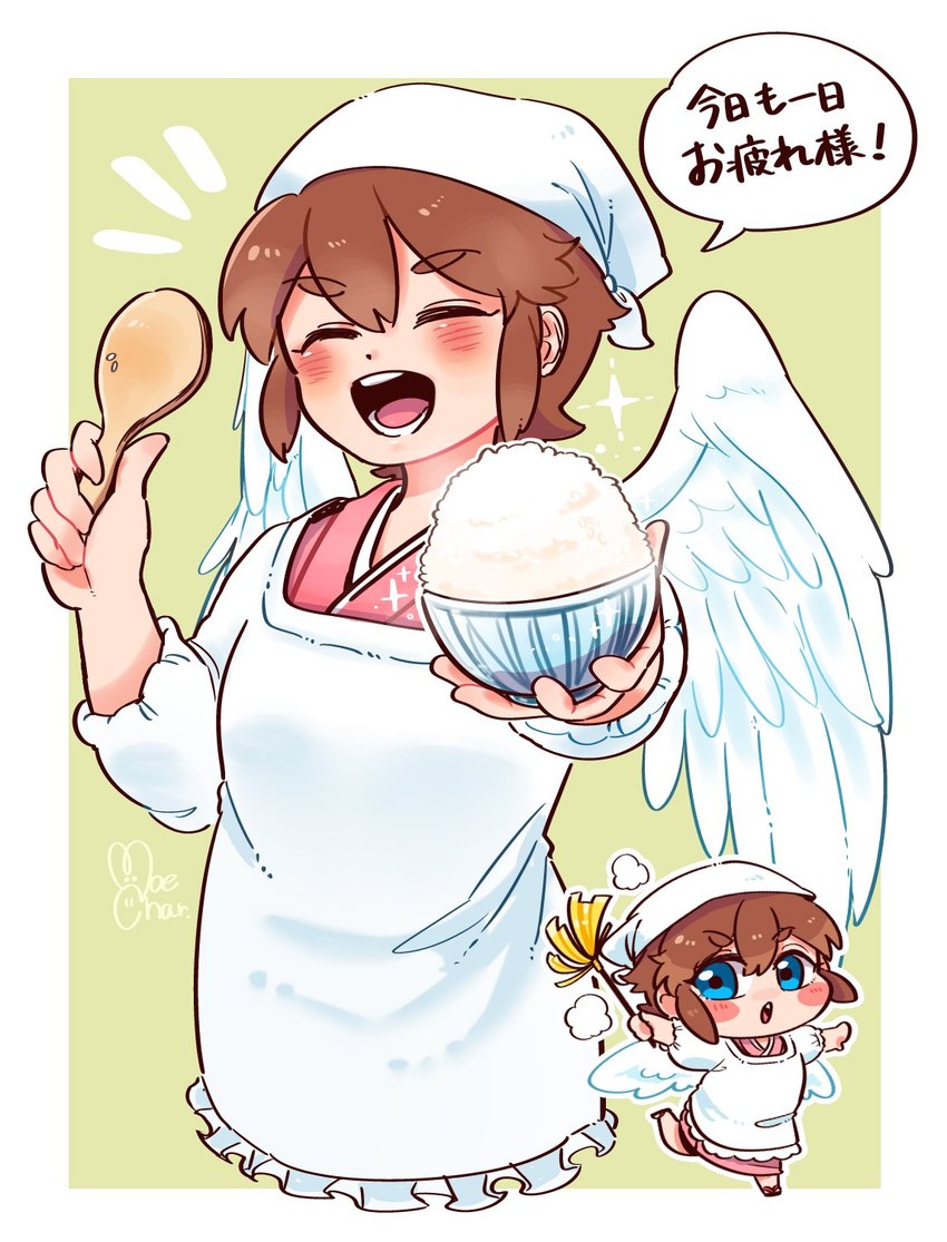 5_fingers apron blush brown_hair chibi clothing cutlery feathered_wings feathers fingers food hair kerchief kitchen_utensils light_body light_skin male not_furry open_mouth open_smile simple_background smile solo spoon tools wings butanchu0426 kid_icarus nintendo pit_(kid_icarus) angel humanoid winged_humanoid hi_res