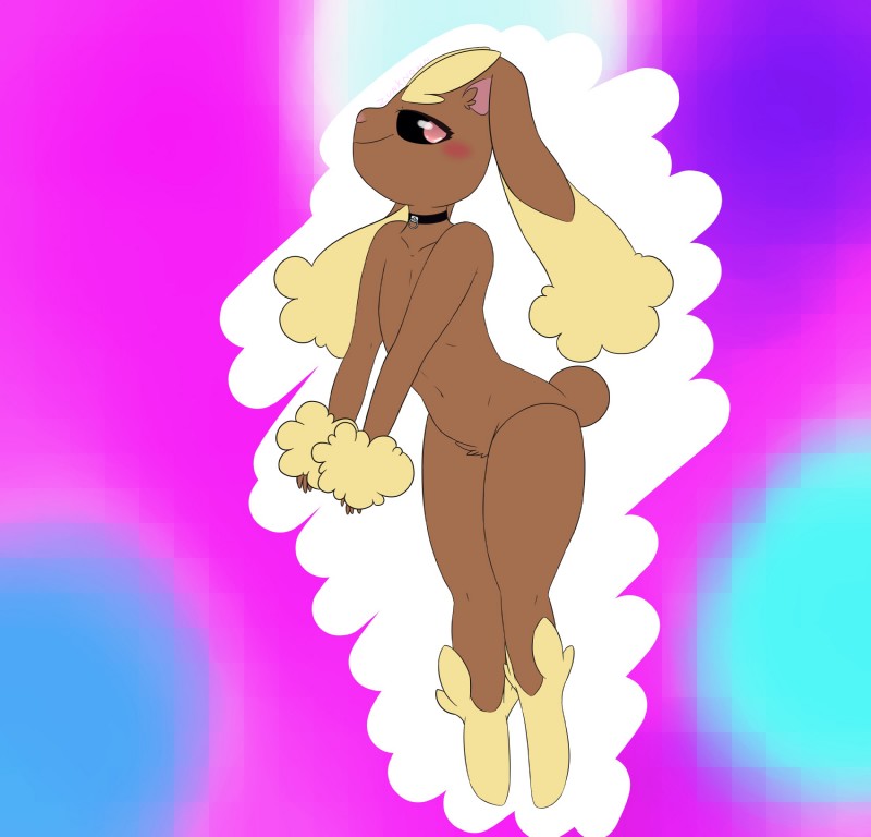 anthro belly black_collar black_eyes brown_body brown_fur collar eyebrows femboy fluffy fur looking_back male nude pink_eyes pink_nose smile solo thick_thighs tuft wide_hips yellow_body yellow_fur zunknown nintendo pokemon generation_4_pokemon lagomorph lopunny mammal pokemon_(species) 2018 absurd_res digital_media_(artwork) hi_res