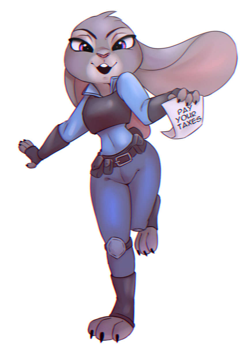 anthro barefoot buckteeth chromatic_aberration claws clothed clothing countershade_face countershade_fur countershading feet female female_anthro fully_clothed fur grey_body grey_fur head_tuft hindpaw holding_object looking_at_viewer open_mouth open_smile paws police police_uniform purple_eyes simple_background smile solo standing taxes teeth text toe_claws toeless_legwear tuft uniform white_background rin_tyan disney zootopia judy_hopps lagomorph leporid mammal rabbit 2020 digital_media_(artwork) english_text hi_res shaded