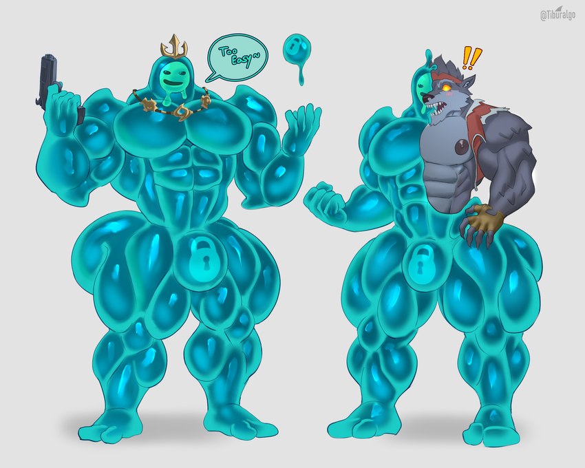 anthro anthro_to_humanoid big_butt big_pecs butt clone_transformation cloning duo goo_transformation gun lock_bulge lock_symbol male male/male mid_transformation muscular muscular_anthro null null_bulge pecs ranged_weapon simple_background slime smile thick_thighs transformation weapon tiburalgo epic_games fortnite dire_(fortnite) poseidon_(fortnite) canid canine goo_creature humanoid mammal 5:4 absurd_res hi_res