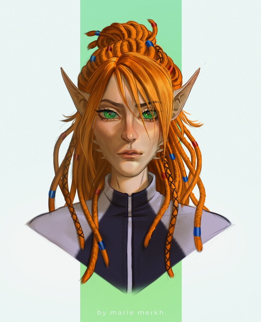 clothed clothing dreadlocks female front_view glistening glistening_eyes green_eyes hair humanoid_pointy_ears long_hair looking_at_viewer orange_hair pointy_ears simple_background solo tan_body tan_skin marie_merkh humanoid bust_portrait hi_res portrait